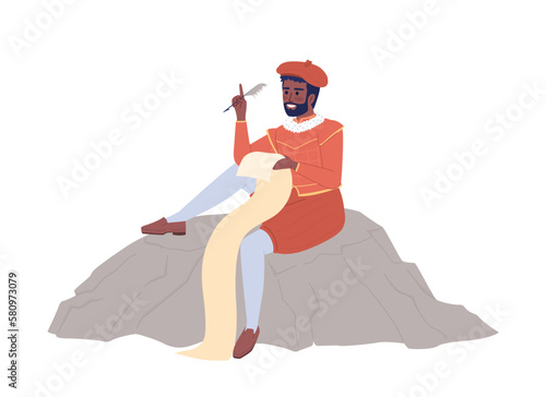 Medieval royal poet writing with quill semi flat color vector character. Editable figure. Full body person on white. Simple cartoon style spot illustration for web graphic design and animation photo