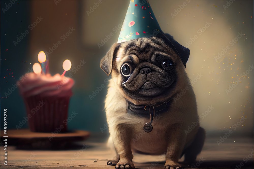 A Pug's Big Day: Happy Birthday to the Most Lovable, Silly, and Playful Pooch - A Perfect Celebration or a Cute Greeting Card - Generative AI