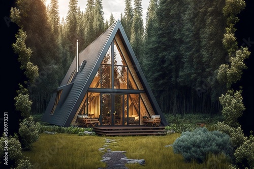 Foto small country cottage in form of a-frame cabin near forest, created with generat