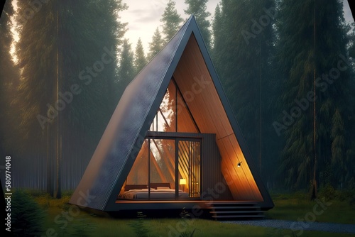 small a-frame cabin made of light wood located in stee zone, created with generative ai photo