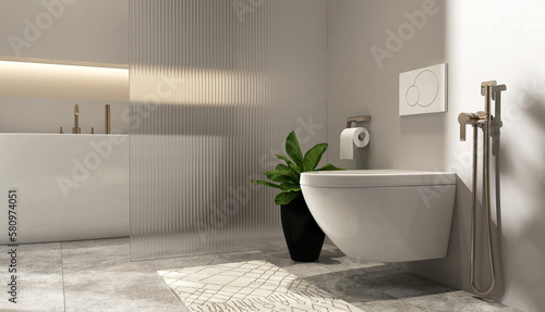 Modern, luxury wall hung toilet bowl, closed seat with dual flush, reeded glass partition, bidet, tissue paper holder, white bathtub on granite tile floor in sunlight on beige wall background 3D