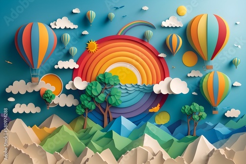 A group of hot air balloons flying over a forest filled with trees and mountains in a rainbow paper cut style colorful flat surreal design on blue sky, Generative AI