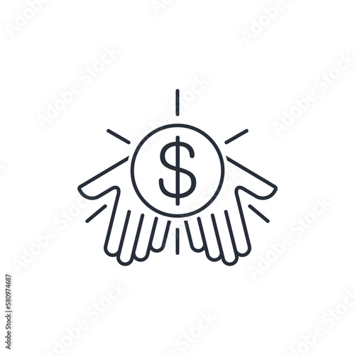 Hands and dollar. Financial support. Vector linear icon isolated on white background.