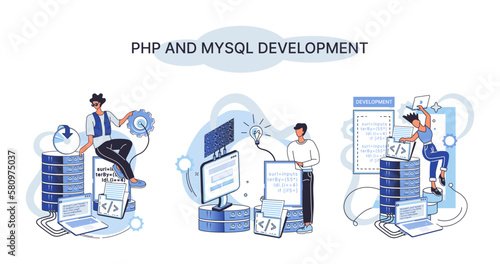 PHP and MYsql development vector set. Database management system. Popular open source general purpose programming language. Concept programmer, coding, programming, website and application development