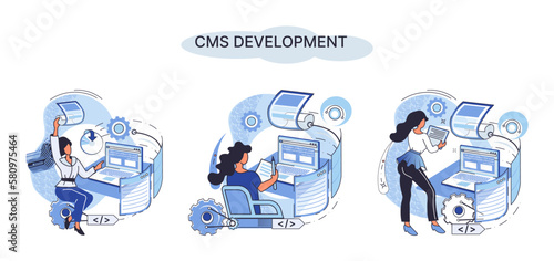 Digital content management system, CMS development software metaphor. Information system or computer program enable organize collaborative process of creating, editing and managing soft in network