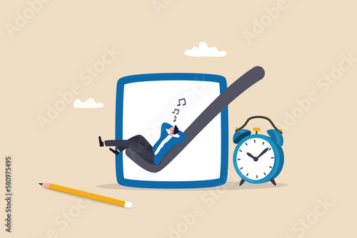 Easy completed task or finish work within deadline, efficiency or productivity, tick checkbox or work done, effort or check list concept, businessman relax sleep on complete checkbox with alarm clock.