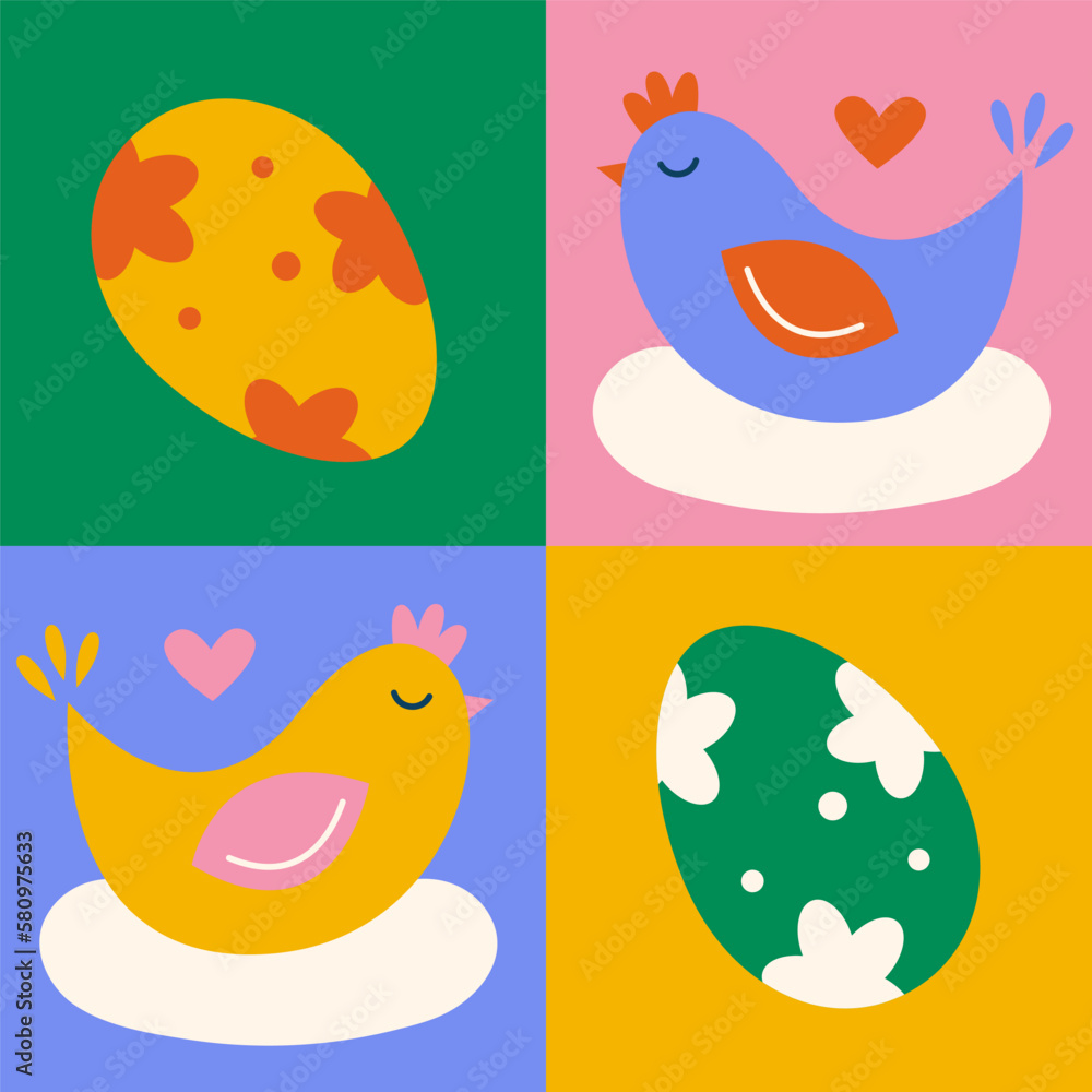 Easter card with dyed eggs and brood hen on nest with eggs concept minimalist geometric style. Square simple shapes vector illustration. Perfect for a social media post,poster, cover or postcard. Easter card with dyed eggs and brood hen on nest with eggs concept minimalist geometric style. Square simple shapes vector illustration. Perfect for a social media post,poster, cover or postcard.