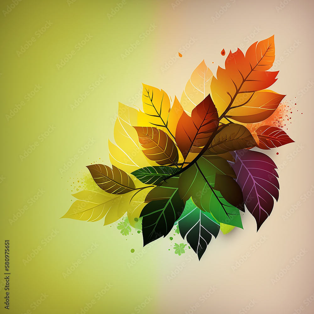 Green, colourful illustration of leaves, suitable for small posters, cards, flyers or similar. Created with Generative AI.