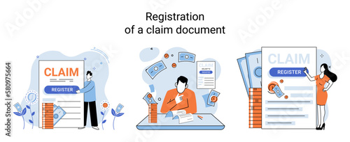 Registration of claim form register document, providing personal information, income information vector set. Tax filing, employer form, earnings statement documents, online software abstract metaphor