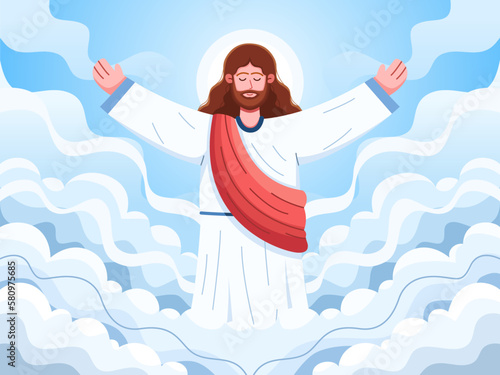 Jesus ascending to heaven on Ascension Day with a blue sky background and white clouds.
Illustration of Ascension Day, featuring Jesus Christ ascending to heaven after his resurrection.