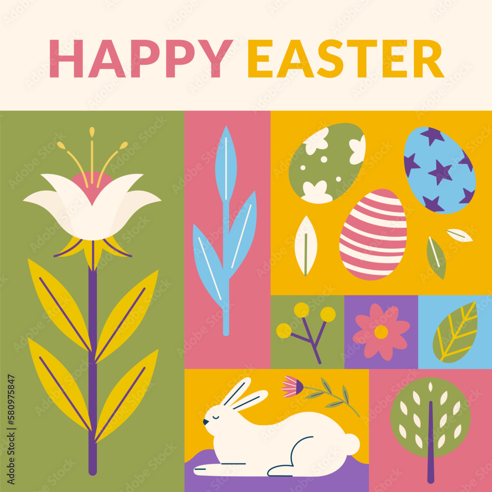 Happy easter geometric pattern in  minimalist style. Bunny, eggs, plants and flowers spring concept