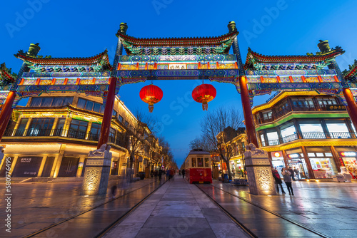 On February 21, 2023,the night view of the Qianmen Street in Beijing, China, Dashilanr is a famous commercial street in front of the front door of Beijing.