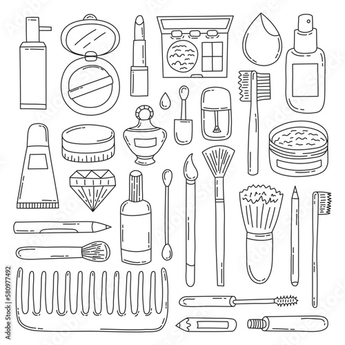Cosmetics hand drawn doodle icons. Makeup items in sketch style. Vector illustration.