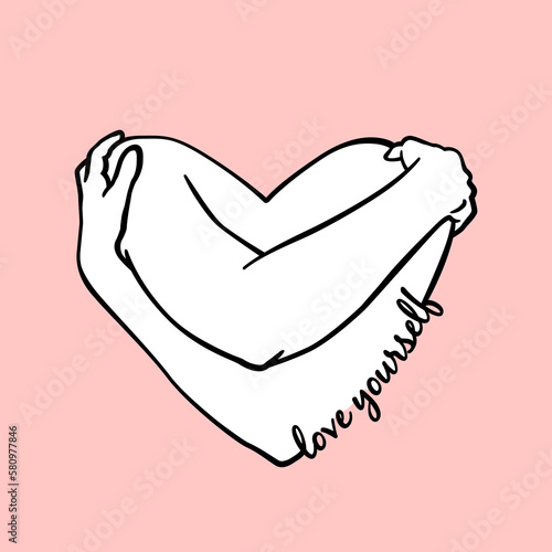 Love yourself. Love your body hug heart concept line style illustration.