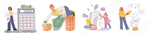 Set of people analyzing personal or corporate budget. Concept of finance accounting and calculation of financial income and expenses report. Financial consultant with document for tax computation