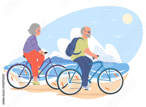 Senior couple on bikes. Senior woman and senior man cycling on the summer sea beach. Healthy lifestyle, sport, transportation concept vector illustration.