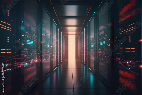 An Inside View of Datacenter's Server Room, Glowing, Bokeh Effect, Generative AI © Andrii Fanta