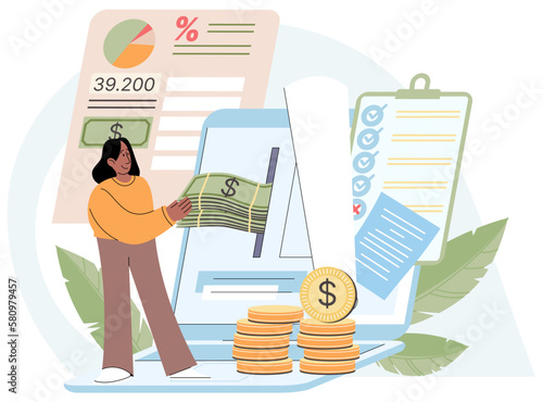 Young woman puts money into deposit account. Safe with coins and bills, interest, income growth. People analyzing personal or corporate budget. Internet money transfer and e-commerce concept