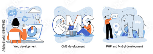 Website architecture concepts metaphor. Web development, PHP and MySQL, CMS, interface design, software testing. Creation digital Software mobile, desktop platforms. Digital content management system