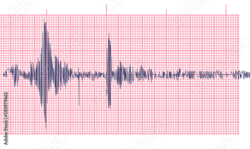 Seismogram of seismic activity or lie detector record. Pink grid paper. Earthquake or audio wave diagram background. Ground motion, volcano eruption. Polygraph seismograph chart. Vector illustration