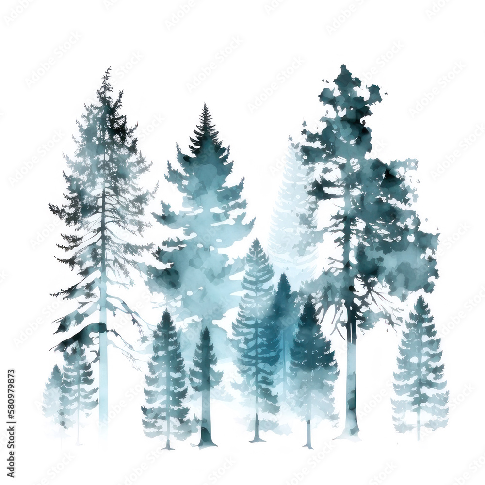 Watercolor green silhouette of a pine forest. AI generative.