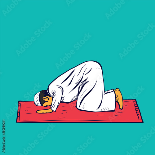 Illustration of a Muslim man praying on a blue background. Prostration vector illustration. character line art drawing for Ramadan prayer.