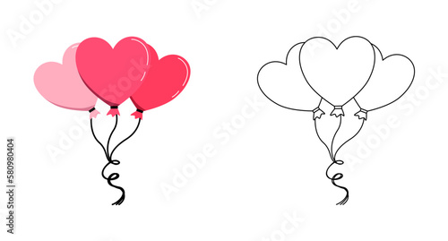 Pink bunch of Heart shaped balloons. Coloring activity worksheet for kids.