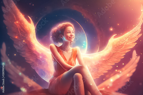 Asian girl angel is believed to have supernatural powers, healing, protection, guidance. The image conjures up notions of serenity, wisdom. created with generative AI technology