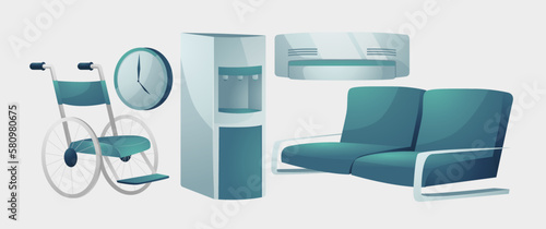 Set Collection Hospital Hall. Wheel Chairs, Sofa, Air Conditioners, Clocks, Dispenser
