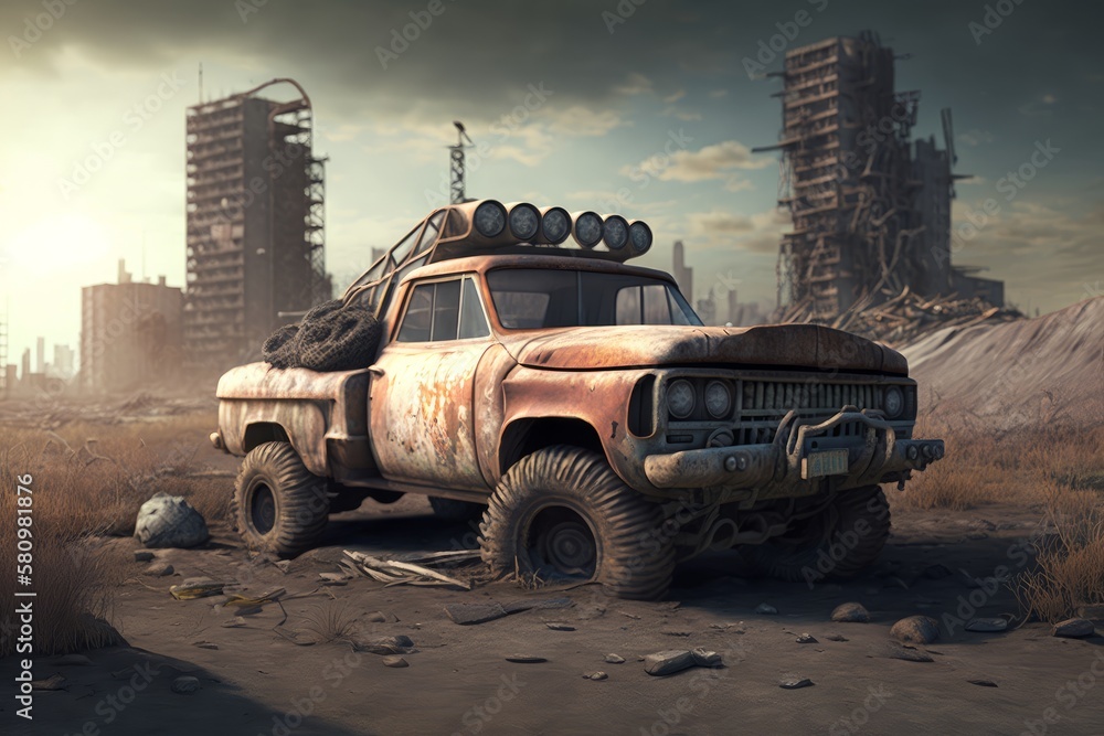 Obraz premium Generative AI of a rusty off-road vehicle in the desert