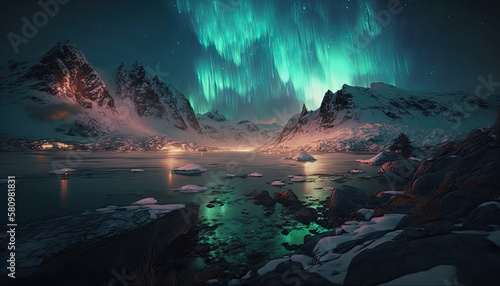 Northern Lights Landscape. Aurora borealis. Generative AI © Farnaces