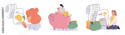 Set of people analyzing personal or corporate budget. Concept of financial accounting and calculation of income and expenses. Financial literacy and economics. Planning and distribution of money