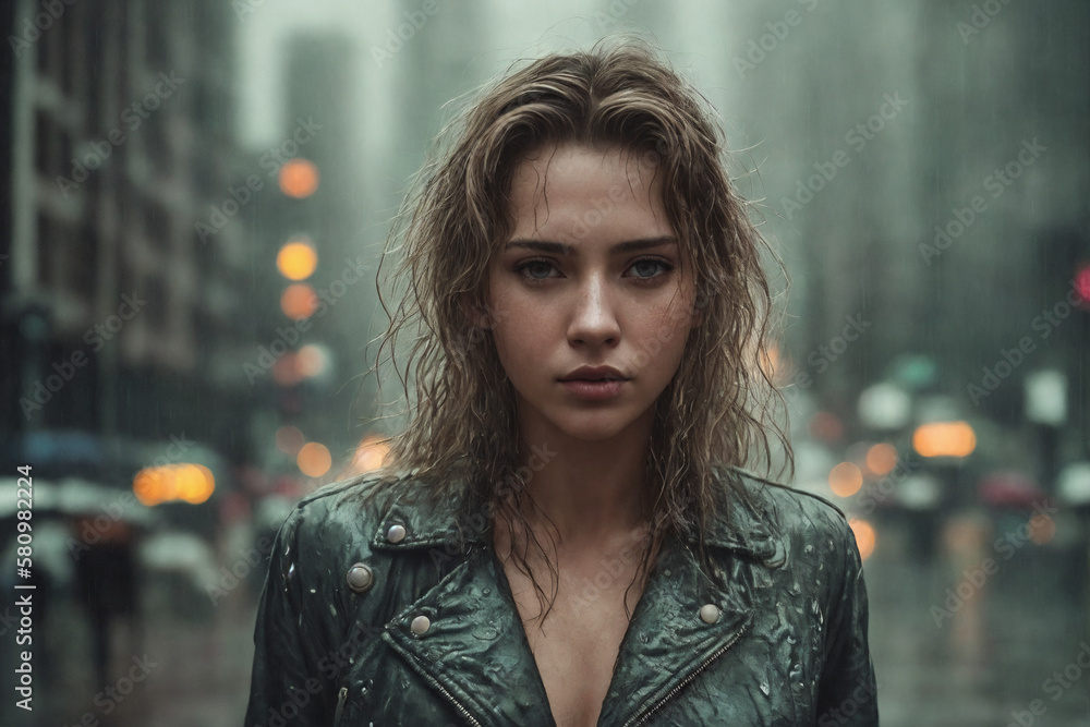 A beautiful woman portrait, rainy night city as background. Generative AI.