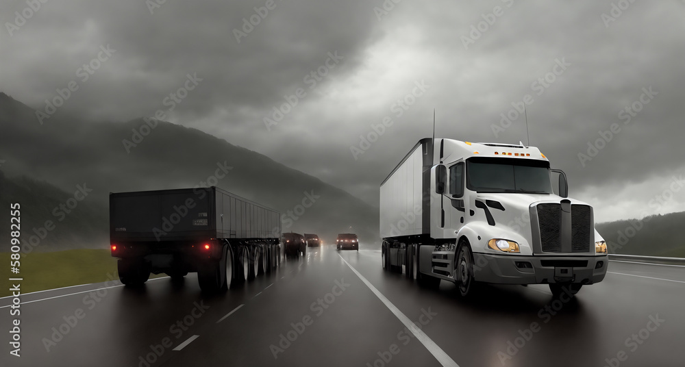A truck is driving on the road. Dark dramatic landscape as background, gloomy sky with rainy clouds, forest and hill. Generative AI. A truck is driving on the road. Dark dramatic landscape as background, gloomy sky with rainy clouds, forest and hill. Generative AI.