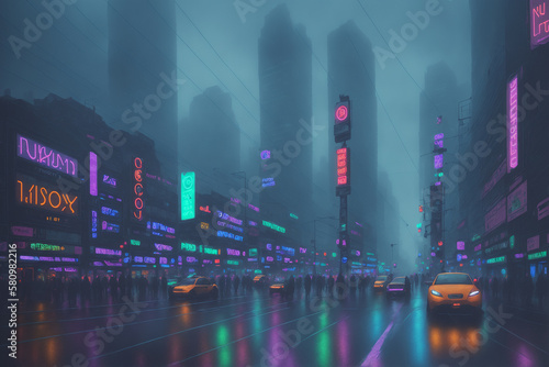 Rainy night street in futuristic city, skyscrapers, cars and random people, foggy. Generative AI.