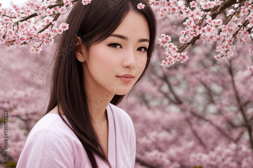 Portrait of a beautiful woman on a background of sakura blossoms. Generative AI. © soleg