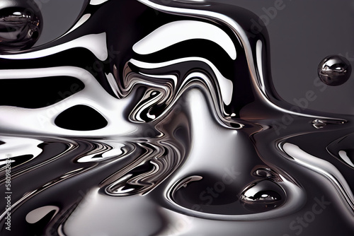 glossy silver metal fluid glossy chrome mirror water effect background. generative ai.