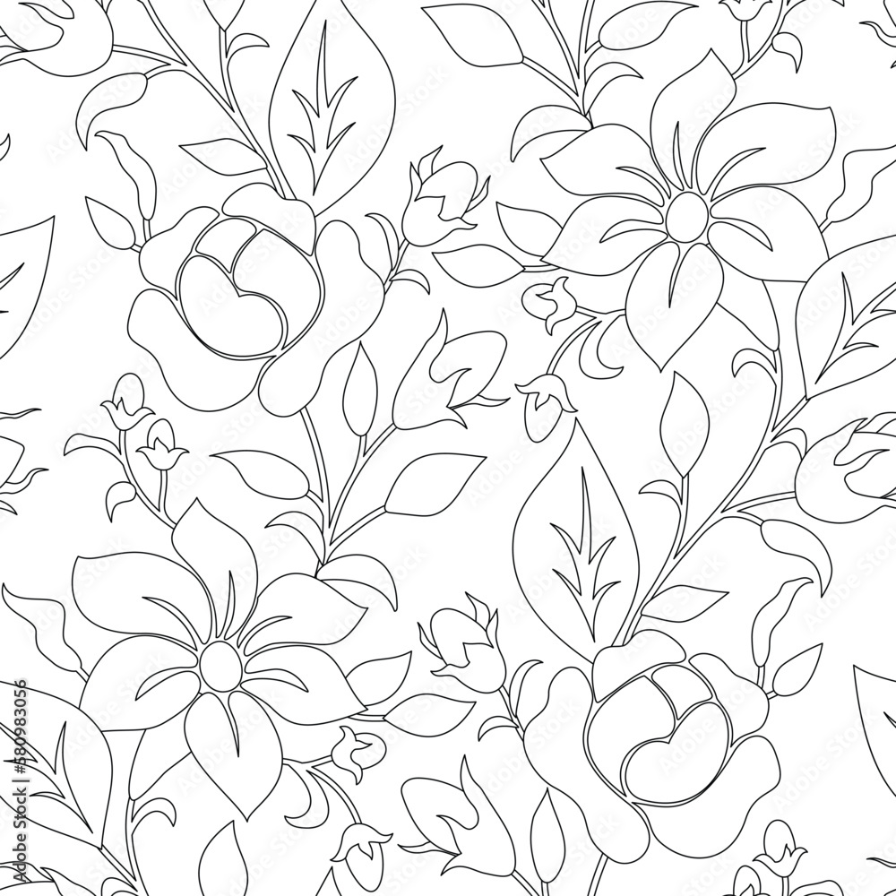 Seamless Pattern with Rose and Mallow Inspired by Ukrainian Traditional Embroidery. Ethnic Floral Motif, Handmade Craft Art. Coloring Book. Vector Contour Illustration