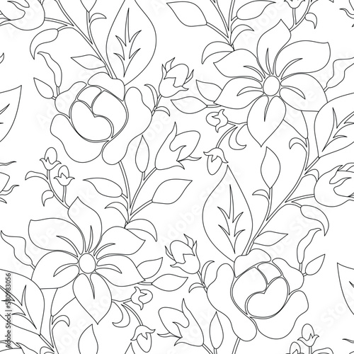 Seamless Pattern with Rose and Mallow Inspired by Ukrainian Traditional Embroidery. Ethnic Floral Motif  Handmade Craft Art. Coloring Book. Vector Contour Illustration