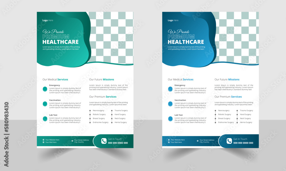 Simple Corporate healthcare and medical Flyer, a4 size, flyer design template for print, Flyer Layout with Medical Icons, pamphlet brochure editable photo background blue and green for hospital and do
