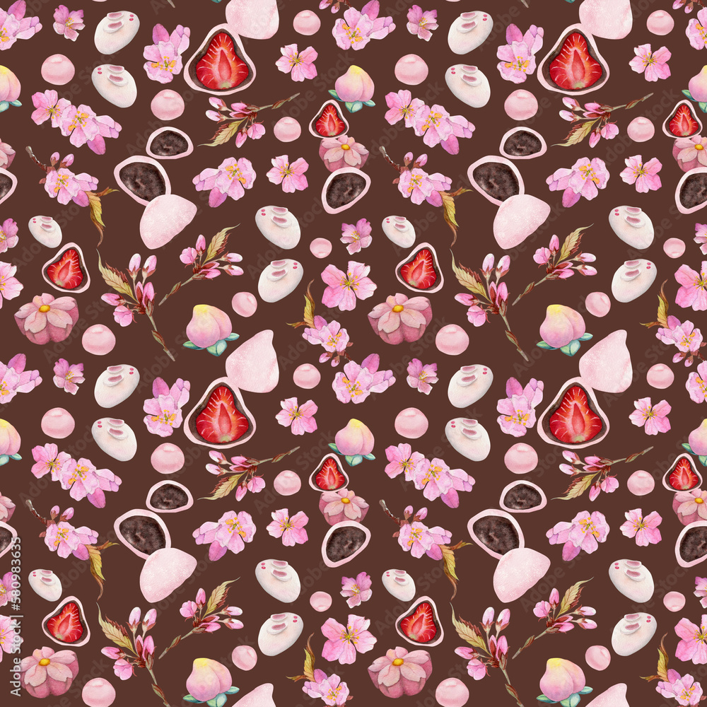 Watercolor seamless pattern with hand drawn traditional Japanese sweets. Wagashi, mochi, sakura blossom. Isolated on color background. Invitations, restaurant menu, greeting cards, print, textile Watercolor seamless pattern with hand drawn traditional Japanese sweets. Wagashi, mochi, sakura blossom. Isolated on color background. Invitations, restaurant menu, greeting cards, print, textile