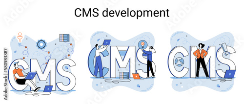 Digital content management system, CMS development software metaphor. Information system or computer program enable organize collaborative process of creating, editing and managing soft in network
