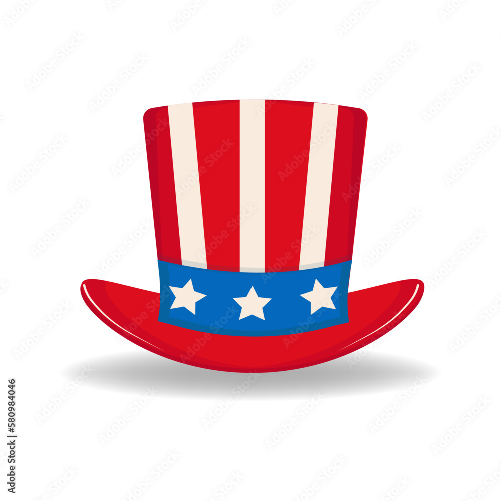 Uncle`s Sam hat pattern isolated on white backdrop, vector illustration of cap national american symbolism, patriotic wear with stars and stripes