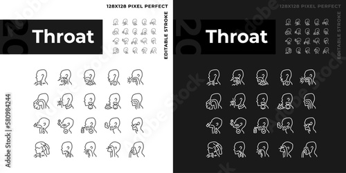 Throat pixel perfect linear icons set for dark, light mode. Diseases diagnosis and treatment. Awareness about sickness. Thin line symbols for night, day theme. Isolated illustrations. Editable stroke