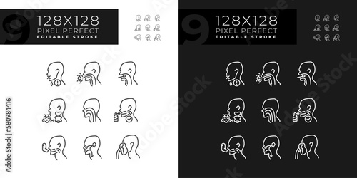Throat problem diagnostics pixel perfect linear icons set for dark, light mode. Different diseases of human gullet. Thin line symbols for night, day theme. Isolated illustrations. Editable stroke