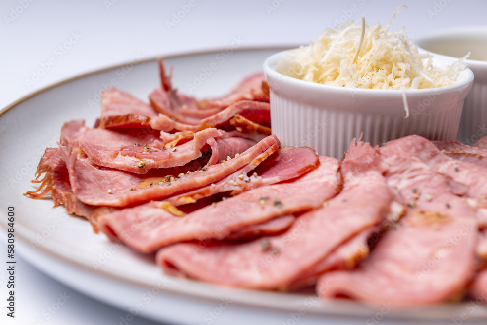 Smoked beef tongue with horseradish and coarse mustard Smoked beef tongue with horseradish and coarse mustard