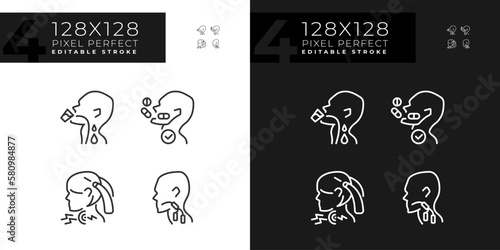 Throat sickness pixel perfect linear icons set for dark, light mode. Children and adults diseases treatment. Thin line symbols for night, day theme. Isolated illustrations. Editable stroke