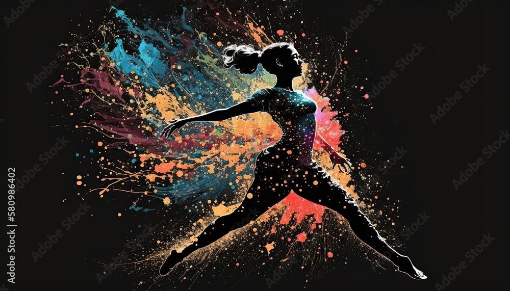 Figure of a delicate ballerina dancing among a explosion of colours. Dark background. Generative AI