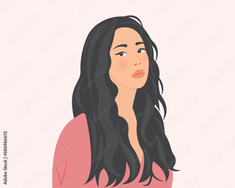 Beautiful woman with charming long hair. Happy and optimistic. Vector illustration. Beautiful woman with charming long hair. Happy and optimistic. Vector illustration.