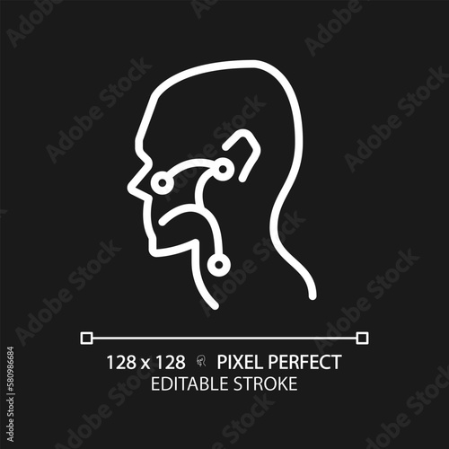 Ear, nose and throat pixel perfect white linear icon for dark theme. Otorhinolaryngological treatment. Medical care. Thin line illustration. Contour symbol. Vector outline drawing. Editable stroke
